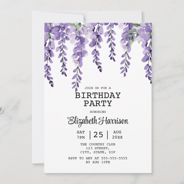 Convites Purple Wisteria Floral Greenery 50º Aniversário (Frente)