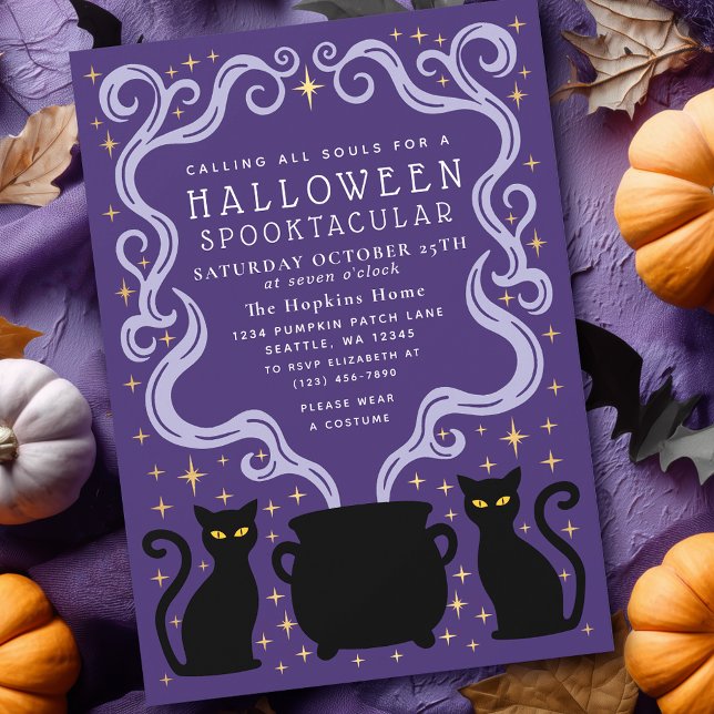 Convites Purple Witchy Black Cat Cauldron Halloween Party (Criador carregado)