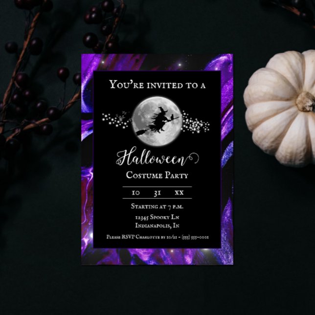 Convites Purple Witette Silhouette Festa de Figurino de Hal (Purple Witch Silhouette Halloween Party Invite)