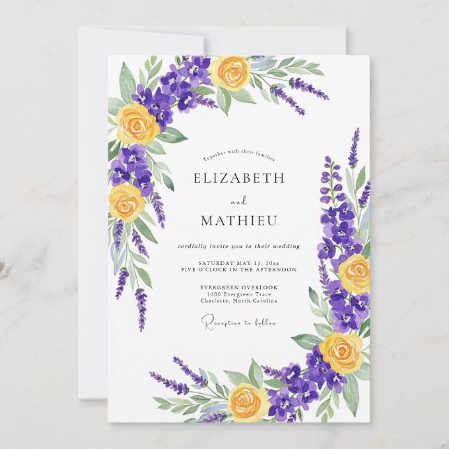 Convites Purple Yellow Vibrant Meadow Wedding (Frente)