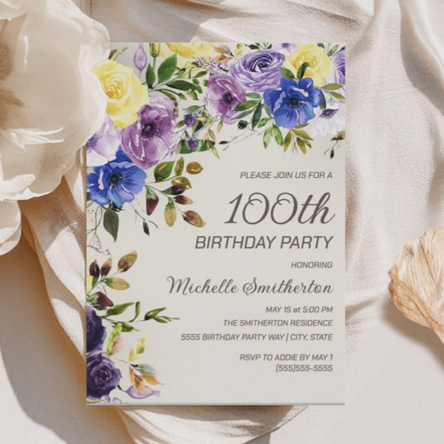 Convites Purple Yellow Watercolor Floral 100º Aniversário (Purple and yellow watercolor floral 100th birthday party invitation)