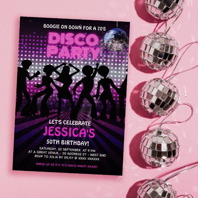 Convites Púrpura 70s - Dança Disco (Time to get you groove on with our out of sight, 70s Disco Party birthday invitation. )