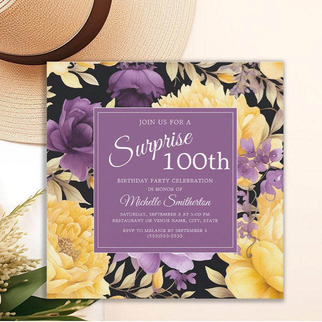 Convites Púrpura Amarelo Floral 100º Aniversário surpresa (Purple and yellow floral surprise 100th birthday party invitation)