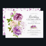 Convites Púrpura Aniversário Floral<br><div class="desc">Convite de aniversário floral com lindas pinturas manuais roxas e cremes e folhas verdes folhadas. Sacudir nosso convite para ver uma borboleta de cor d'água roxa coordenadora de volta para um toque especial extra.</div>