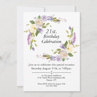 Convites Púrpura Aquarela Floral Personalizável 21 Aniversá