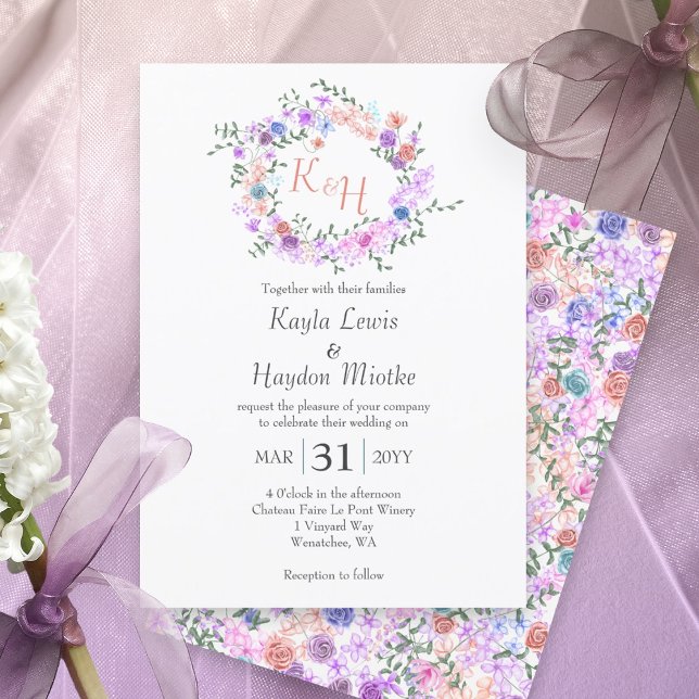 Convites Púrpura, Azul, Rosa, Pêssego, Rosas De Fenda (pastel spring springtime flowers pink purple blue mauve colorful wedding invitations roses wreath)
