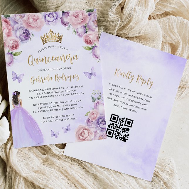 Convites Púrpura Blush Floral Dourado Código QR Quinceañera (Criador carregado)