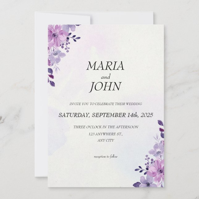 Convites Púrpura Clássica Mínima Romântica e Elegante em Ch (Frente)