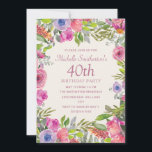 Convites Púrpura Cor d'água rosa aniversário de 40 anos<br><div class="desc">Convite de festas de aniversário de 40 anos feminino com flores silvestres de cor aquosa bonito ao estilo do véu, em roxo e rosa, com verde e folhagem. Personalizado com seu próprio texto. Entre em contato comigo para obter assistência com suas personalizações ou para solicitar outros produtos Zazzle correspondentes ou...</div>