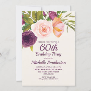 Convites Púrpura Cor de Água Rosa Floral 60º Aniversári