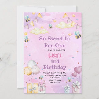 Convites Púrpura de abelha doce e doce de mel, primeiro ani