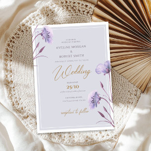 Convites Púrpura de aquarela elegante e boho floral dourado