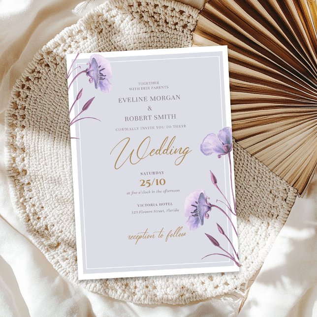 Convites Púrpura de aquarela elegante e boho floral dourado (Elegant watercolor purple and gold floral boho invitation)