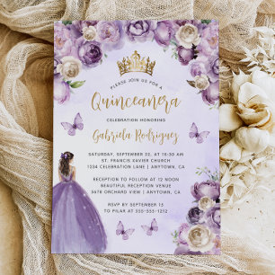 Convites Púrpura Dourada Floral Watercolor Quinceañera