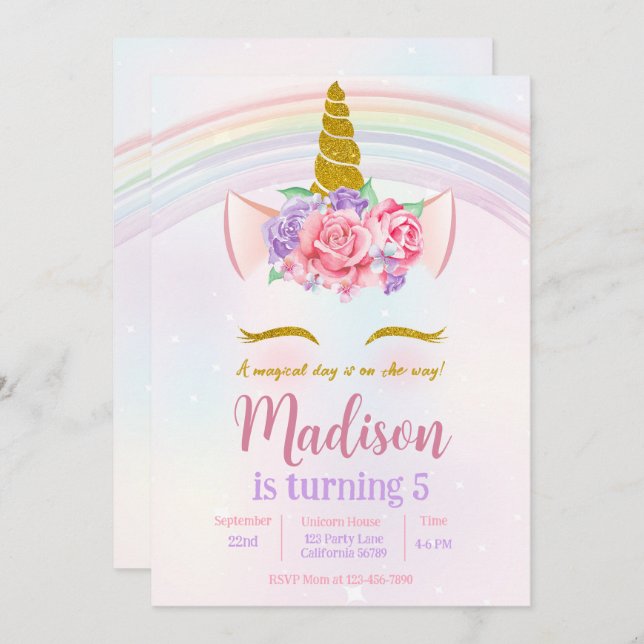 Convites Púrpura Dourada rosa  Festa do Arco-Íris Unicórnio (Frente/Verso)