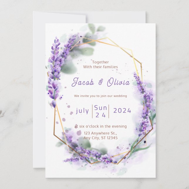 Convites Púrpura e branca com Lavanda Wreath Weding Invi (Frente)