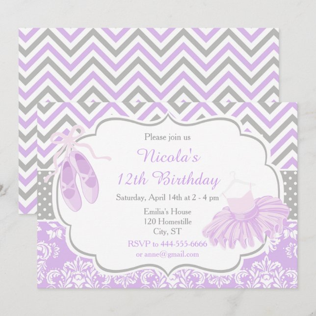 Convites Púrpura e Cinza Chevron Ballerina Aniversário (Frente/Verso)