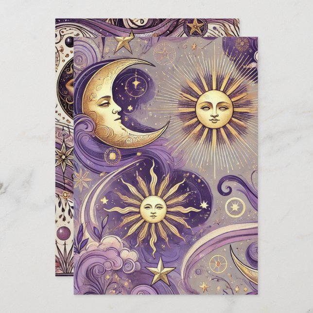 Convites Púrpura e Dourada Boho Celestial Solar e Lua (Frente/Verso)