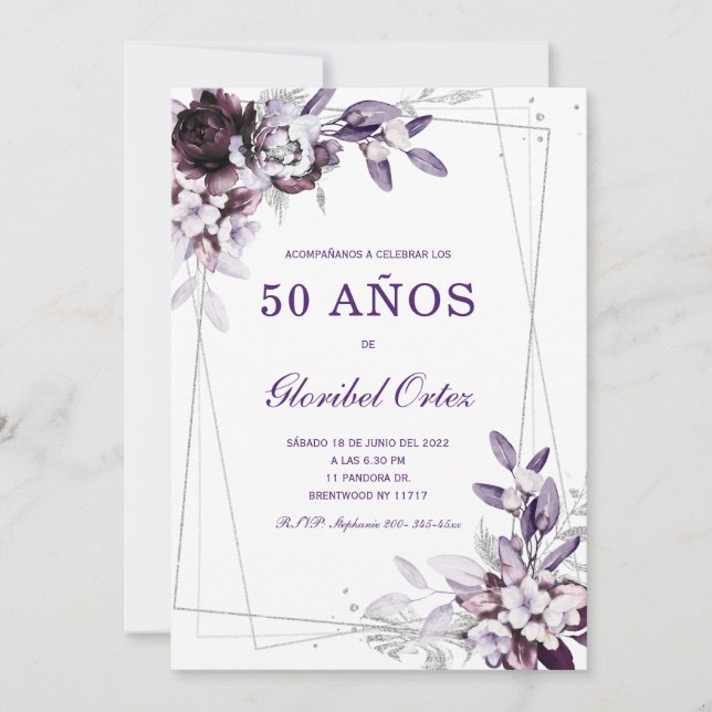 Convites Púrpura e Lavanda Prata modelo de 50 anos (Frente)