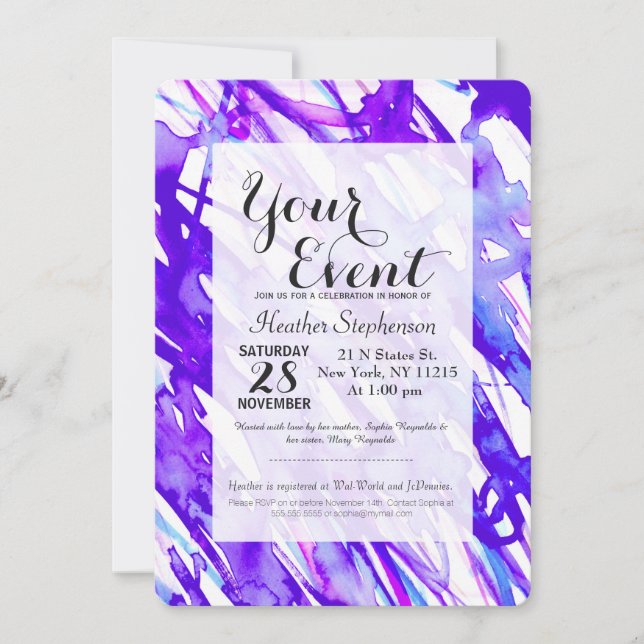 Convites Púrpura e Pink Watercolor Paint Splatter (Frente)