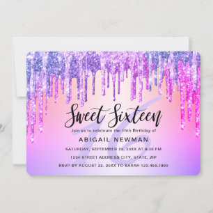 Convites Púrpura elegante e brilho rosa pinga doce dezessei