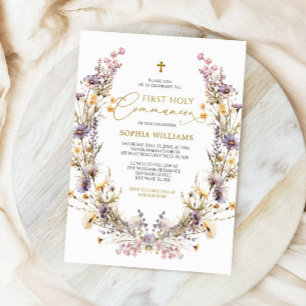 Convites Púrpura Elegante Flor Selvagem Primeira Comunhão S