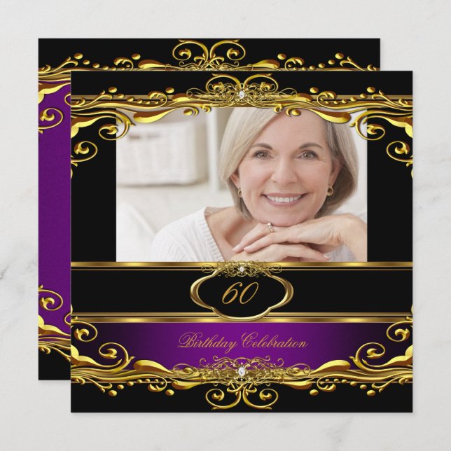 Convites Púrpura Elegante Plum Black Dourada 60ª Festa de a (Frente/Verso)