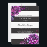 Convites Púrpura floral doce 16. Aniversário preto e branco<br><div class="desc">Preto e branco Sweet 16 aniversários com flores roxas de aquarela. Entre em contato comigo se precisar de itens adicionais.</div>