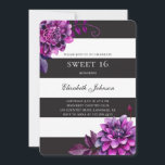 Convites Púrpura floral doce 16. Aniversário preto e branco<br><div class="desc">Preto e branco Sweet 16 aniversários com flores roxas de aquarela. Entre em contato comigo se precisar de itens adicionais.</div>