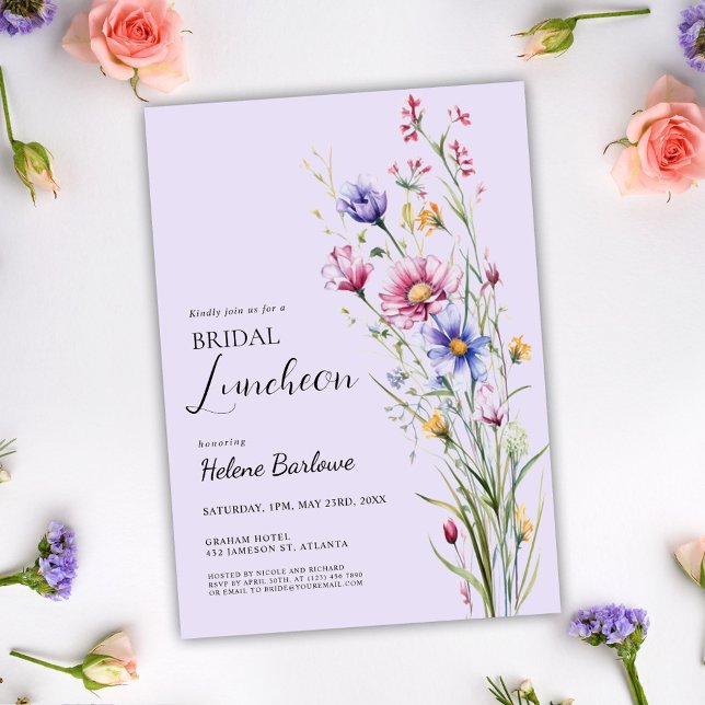 Convites Púrpura Floral Elegante Marinha Bridal (Purple Floral Elegant Wildflower Bridal Luncheon Invitation)