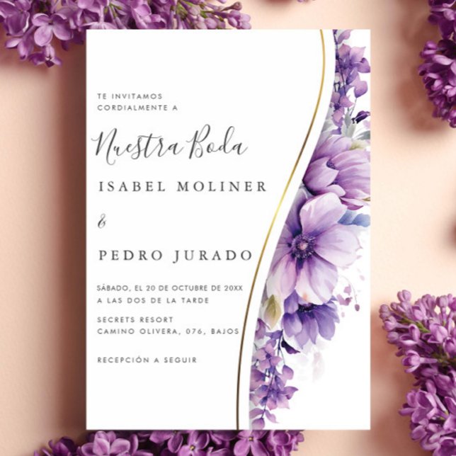 Convites Púrpura Floral Foliage Nuestra Boda Casamento Espa (Criador carregado)