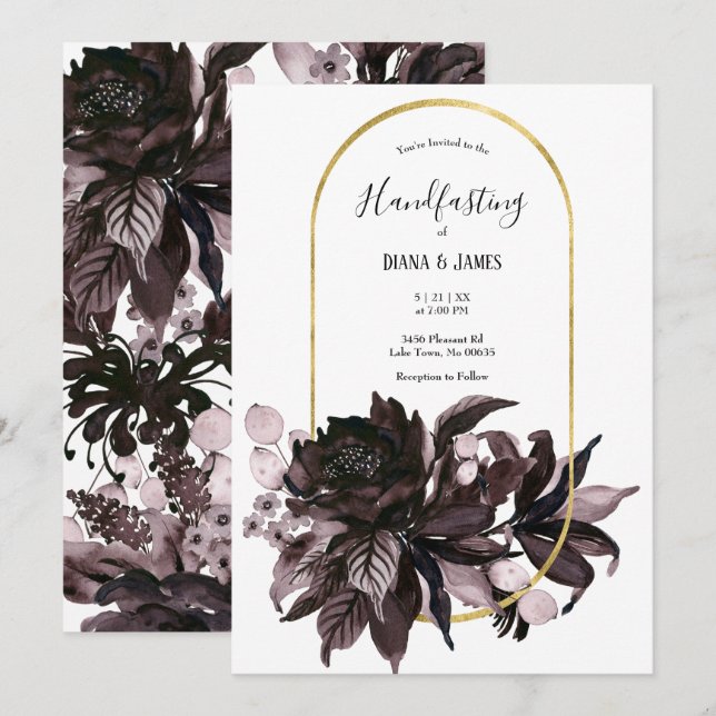 Convites Púrpura Floral Gothic Boho Pagan Handfasting (Frente/Verso)