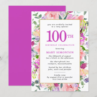 Convites Púrpura Floral Rosa 100º Aniversário