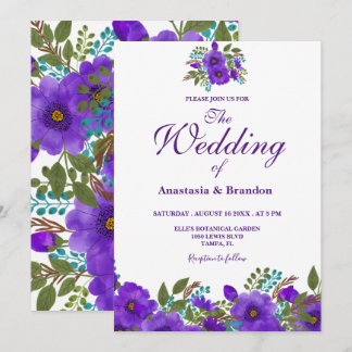 Convites Púrpura Floral Watercolor | Casamento