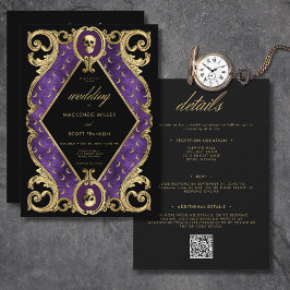 Convites Púrpura Gótica e Dourada Moldura Crônica Dois Lado