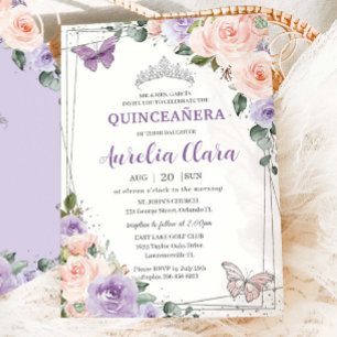 Convites Púrpura Lilac Blush Prata Floral Quinceañera XV 16
