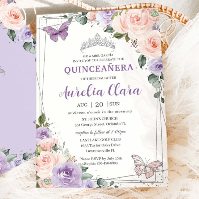 Convites Púrpura Lilac Blush Prata Floral Quinceañera XV 16 (Criador carregado)