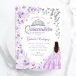 Convites Púrpura Lilás Aquarela Quinceanera Floral<br><div class="desc">Chamada de celebração da Quinceanera, floral de cor-d-água púrpura. Possui uma morena em vestidos de capa de bola, fonte de script, borboletas prateadas, rosas e tiara. Perfeito para uma elegante celebração de glam estilo princesa. Personalize com seus próprios detalhes. Impressos convites Zazzle ou modelo de impressão digital instantânea para download....</div>