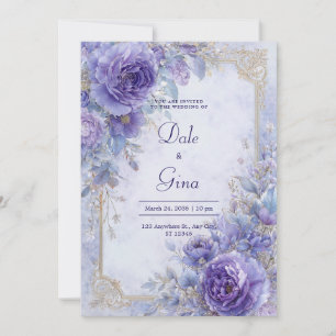 Convites Púrpura Lilás Folha Dourada Floral Barroco Casamen