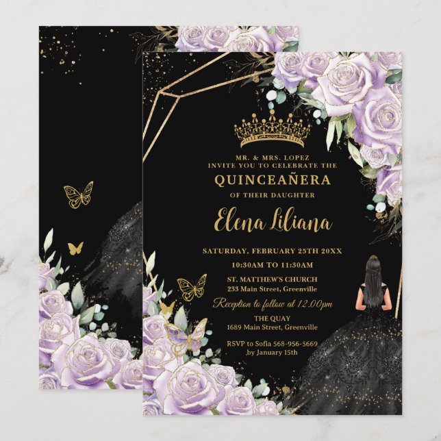 Convites Púrpura Lilás Preto Floral Dourado Quinceañera (Frente/Verso)