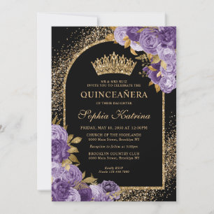 Convites Púrpura Negra Pasta Dourada Glitter Quinceanera Fl