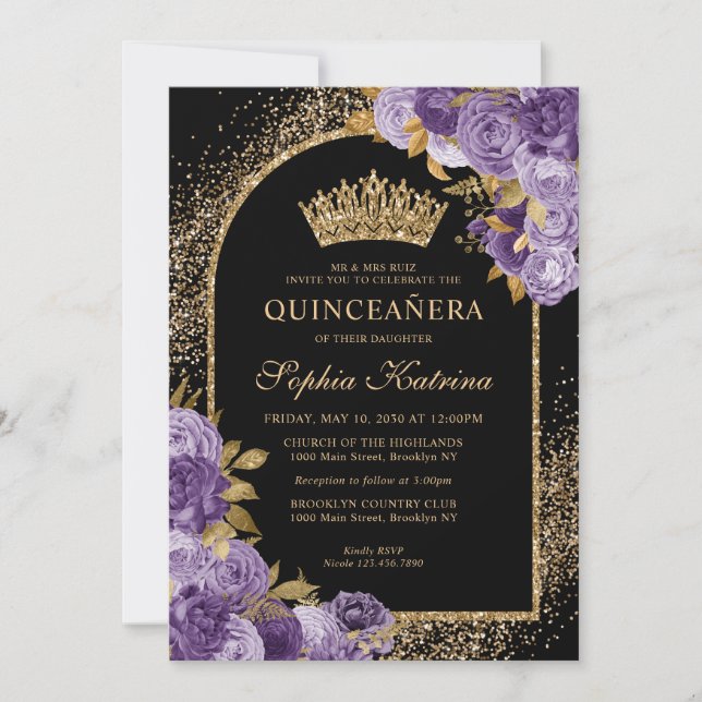 Convites Púrpura Negra Pasta Dourada Glitter Quinceanera Fl (Frente)