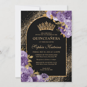 Convites Púrpura Negra Pasta Dourada Glitter Quinceanera Fl