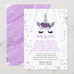 Convites Púrpura Prata Floral Unicorn Bebê Sprinkle
