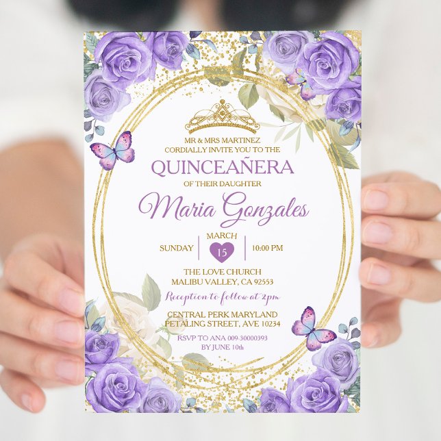 Convites Púrpura Quinceañera Dourada Coroa Manteiga (Criador carregado)