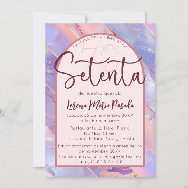 Convites Púrpura Rosa Agate 70 Espanhol Aniversário Para El (Frente)