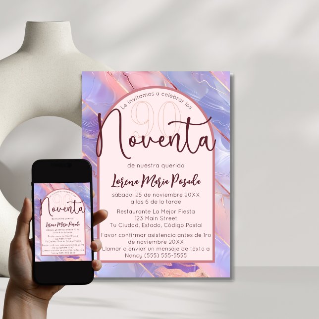 Convites Púrpura Rosa Agate 90 Espanhol Aniversário Para El (Criador carregado)