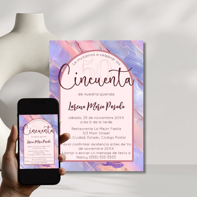 Convites Púrpura Rosa Agate Espanhol 50º Aniversário Para E (Criador carregado)