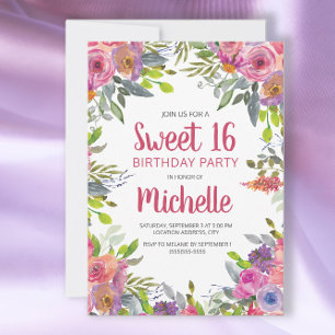 Convites Púrpura Rosa Aquarela Floral Doce 16 Aniversário
