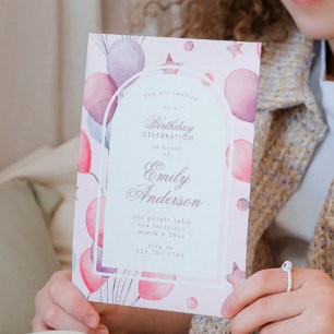 Convites Púrpura Rosa  Balões Estrelas Garota Festa de an